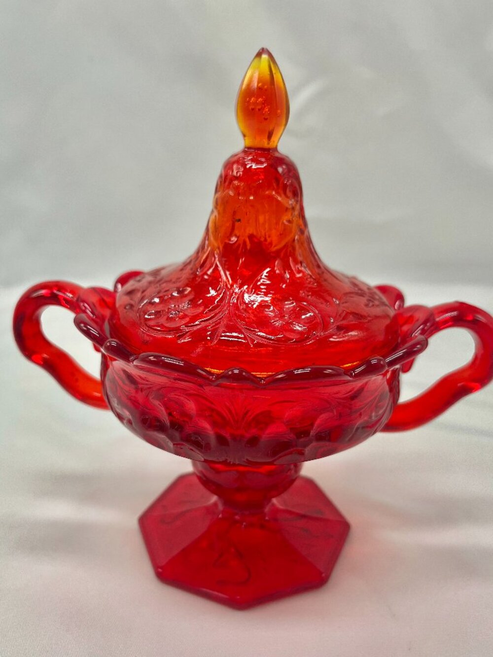 Vintage Rock Crystal Red Doubled Handled Covered Sugar Bowl or Candy Dish W/Lid